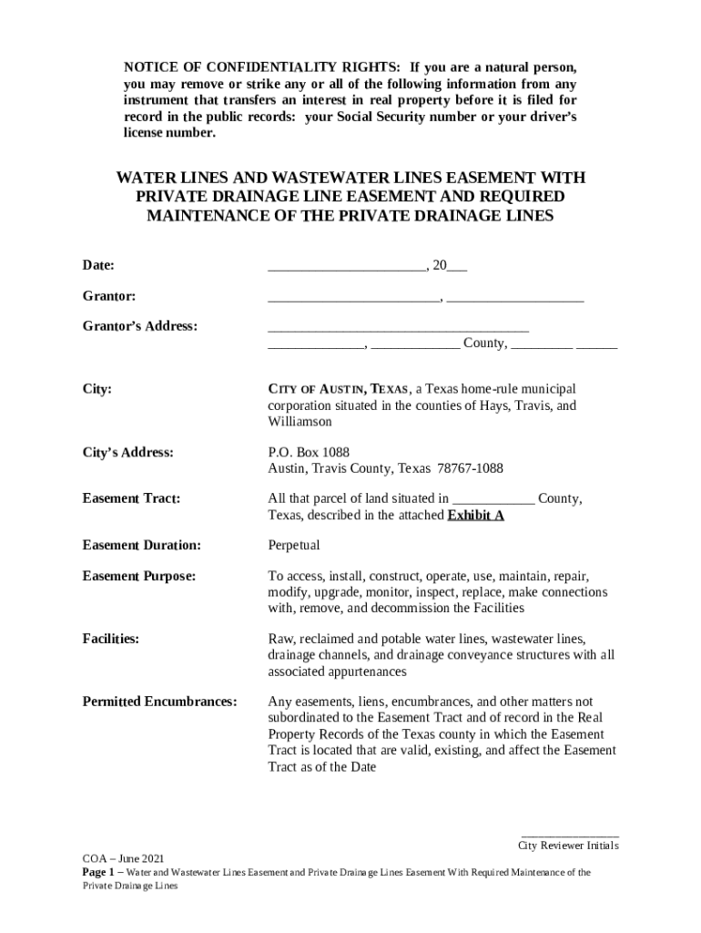 W03.1 Water Lines and Wastewater Lines Easement. COA Standard
