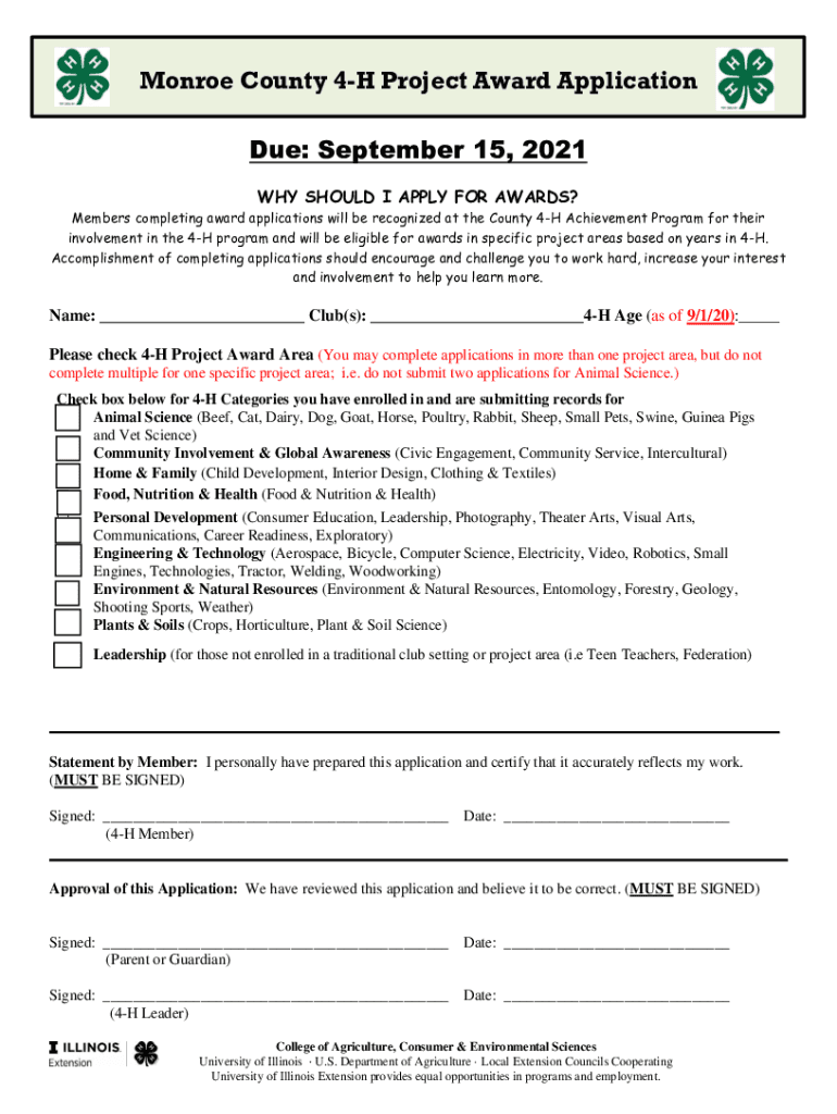 Fillable Online extension illinois Monroe County 4H Project Award
