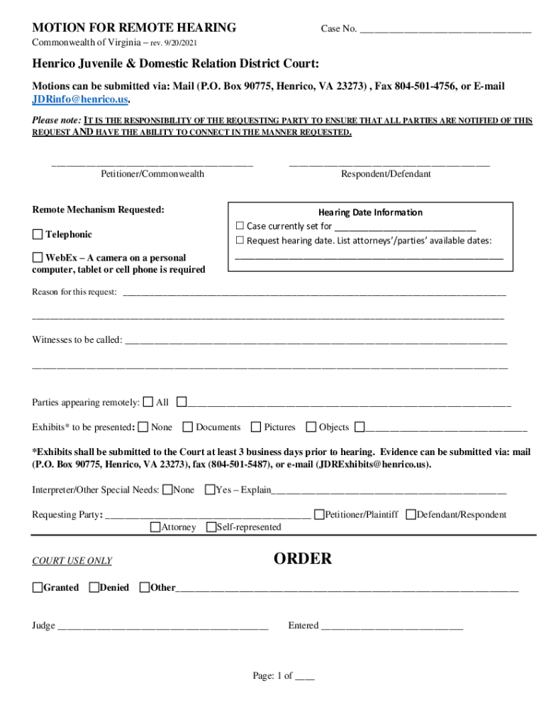 Fillable Online Motion for Remote Hearing Henrico County, Virginia
