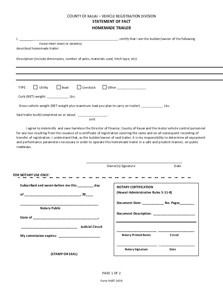 Fillable Online COUNTY OF KAUAIVEHICLE REGISTRATION DIVISION STATEMENT