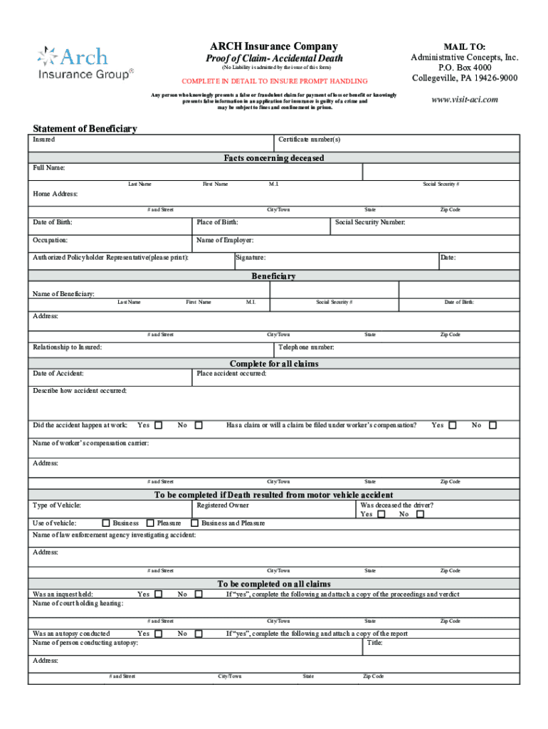 Fillable Online ACE American Insurance Company Proof of Claim