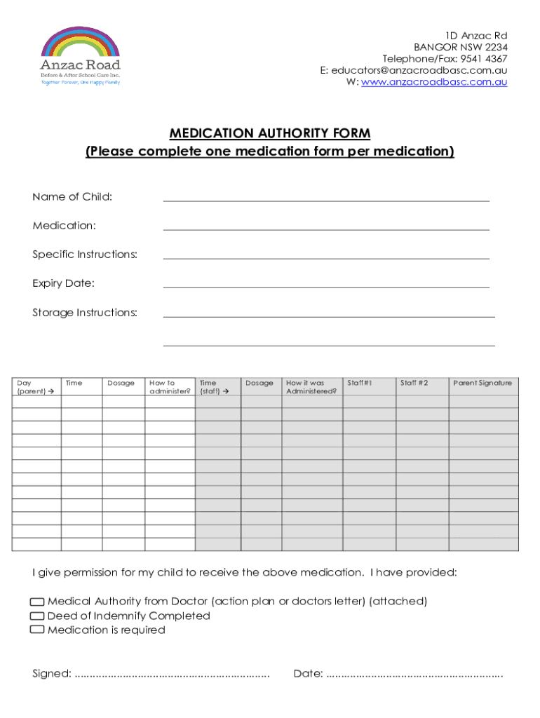 Fillable Online MEDICATION AUTHORITY FORM (Please Anzac Road BASC