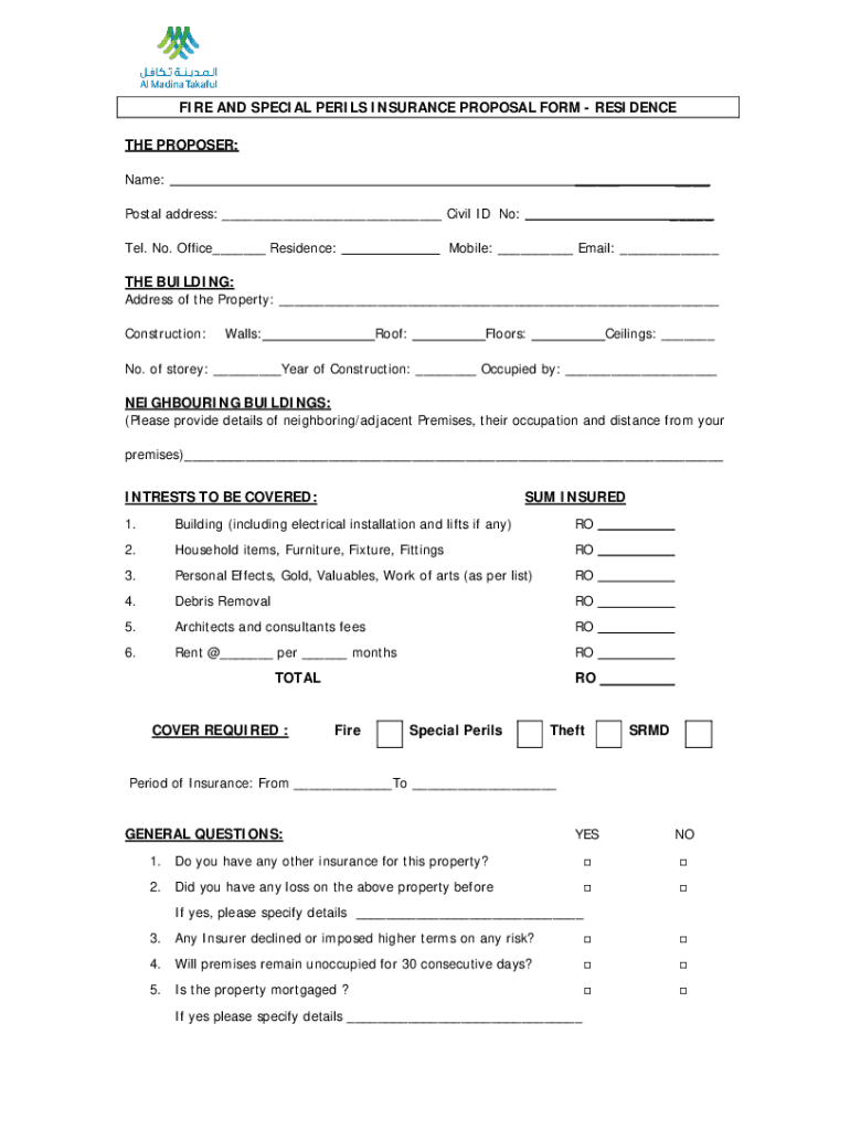 Fillable Online PROPERTY TAKAFUL FOR FIRE AND SPECIAL PERILS PROPOSAL