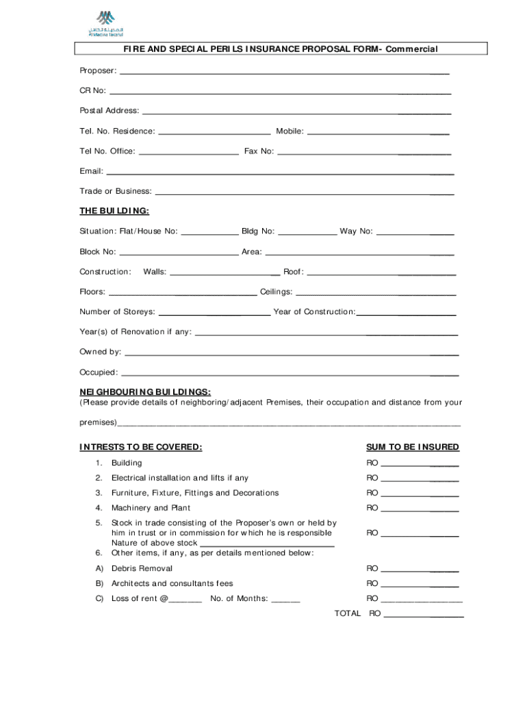 Fillable Online FIRE AND SPECIAL PERILS INSURANCE PROPOSAL FORM Fax