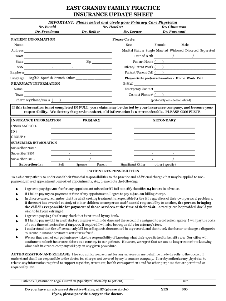 Fillable Online EAST GRANBY FAMILY PRACTICE INSURANCE UPDATE SHEET Fax