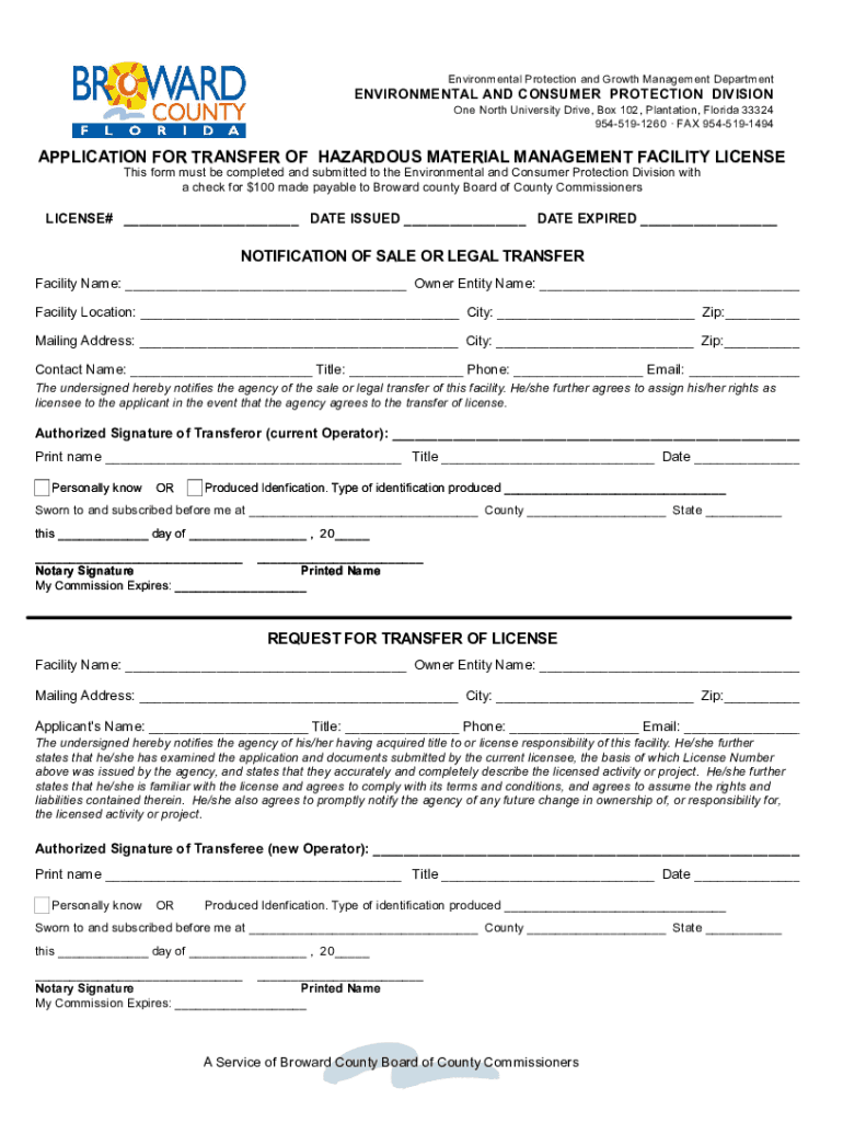 Fillable Online APPLICATION FOR HAZARDOUS MATERIAL MANAGEMENT FACILITY