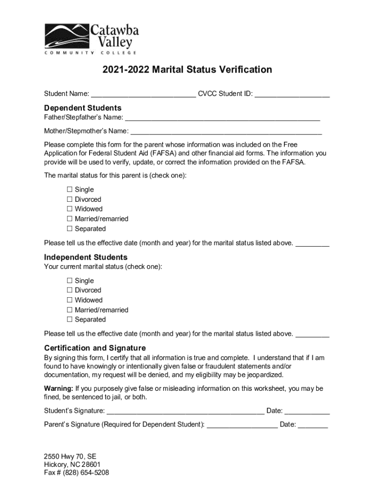 Fillable Online 20212022 Financial Aid Forms Catawba Valley