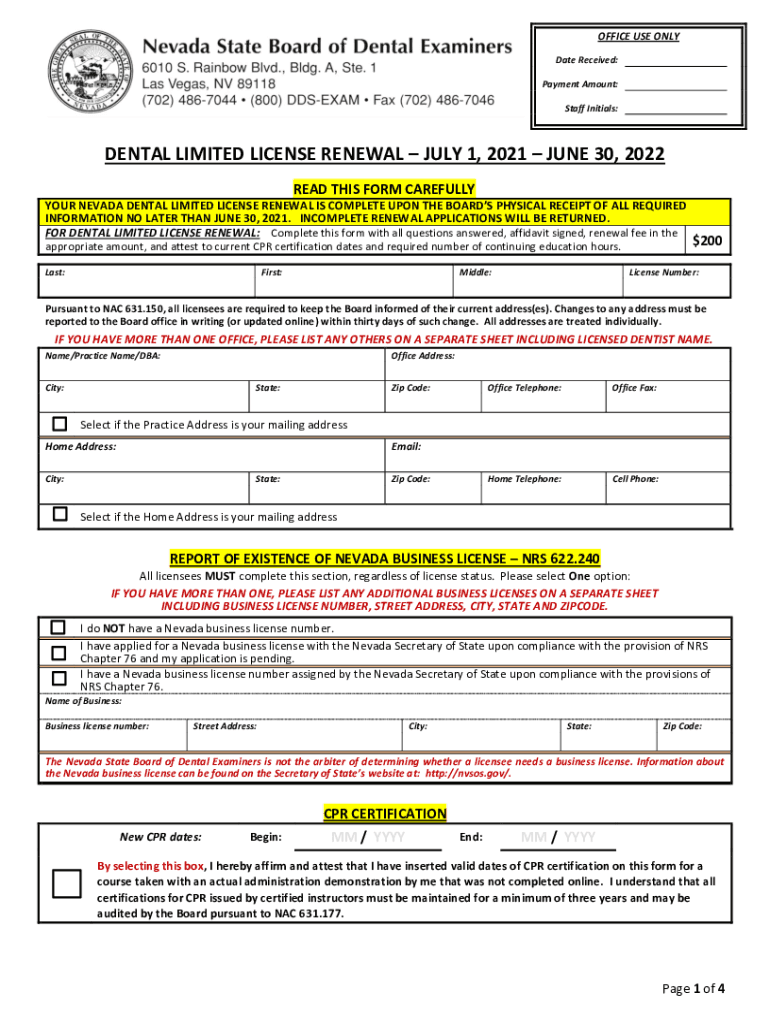 Fillable Online dentist and limited license renewal instruction sheet