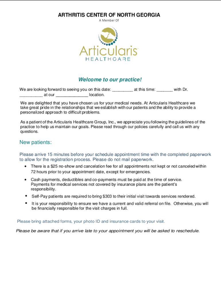 Fillable Online to our practice! Arthritis Center of North Fax Email Print