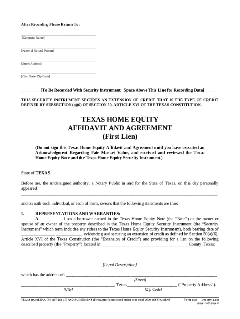 3185 Texas Home Equity Affidavit And Agreement Doc Template