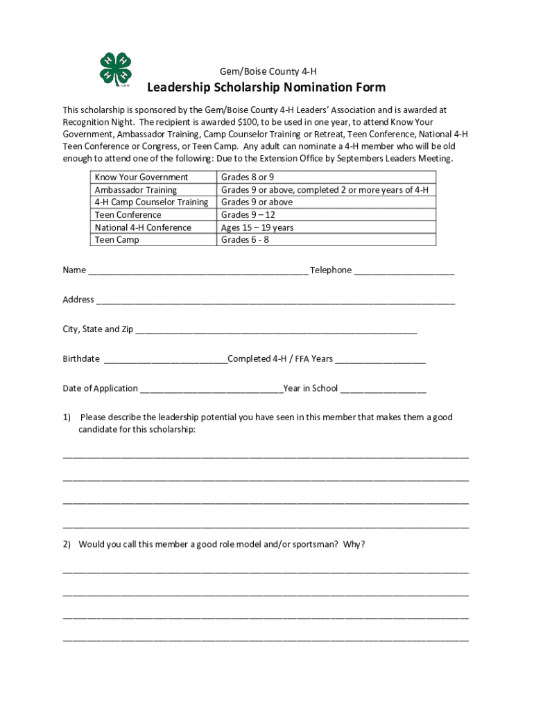 Fillable Online Gem/Boise County 4H Leadership Scholarship Nomination