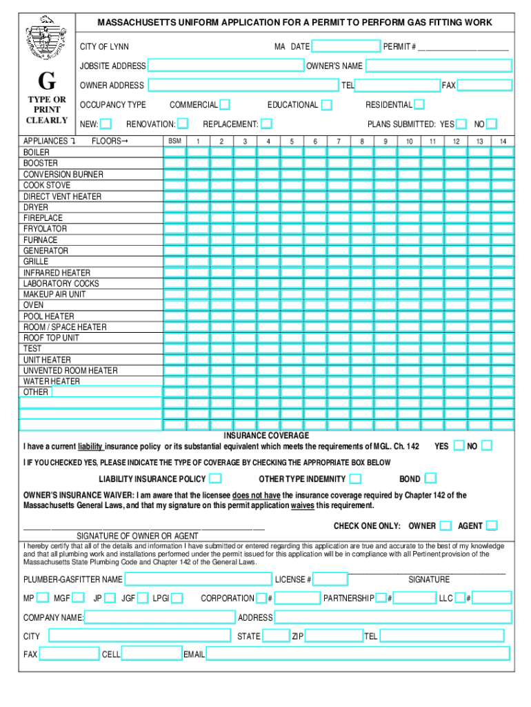 Fillable Online MASSACHUSETTS UNIFORM APPLICATION FOR PERMIT TO DO GAS