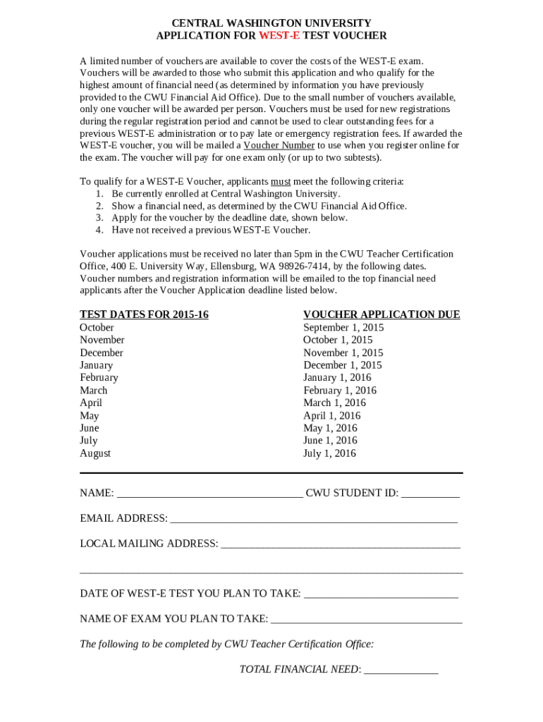 Testing Ination and VouchersCentral Washington Doc Template pdfFiller