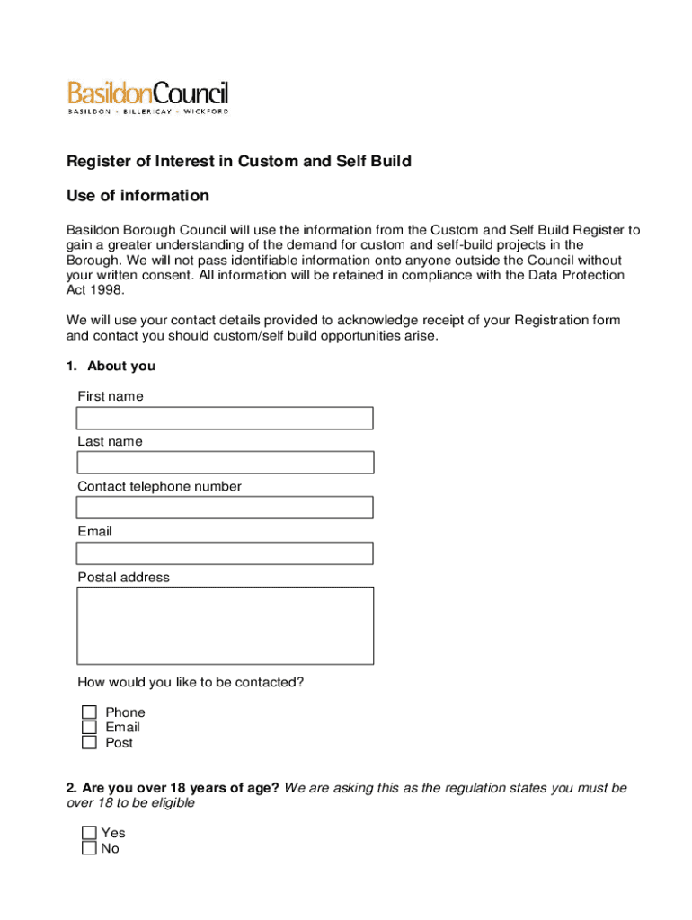 Fillable Online Basildon Council Self Build and Custom Housebuilding