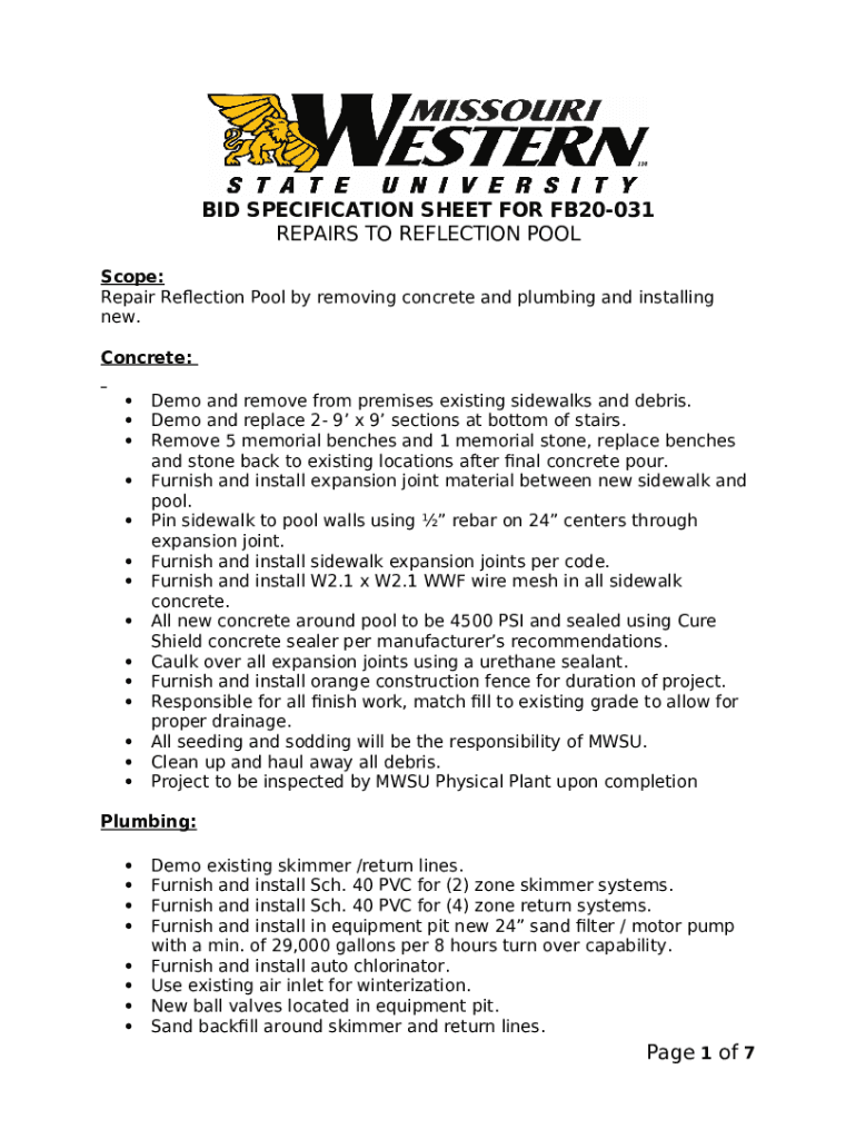 BID SPECIFICATION SHEET FOR FB20031 Doc Template pdfFiller