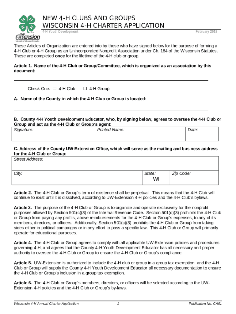 Annual Charter Application for Wisconsin 4H Clubs and Groups Doc
