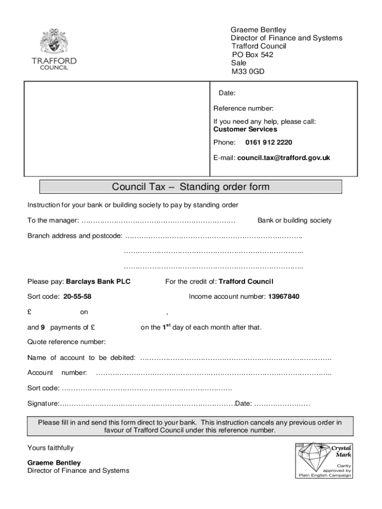Fillable Online Housing Benefit Overpayment Standing order form Fax
