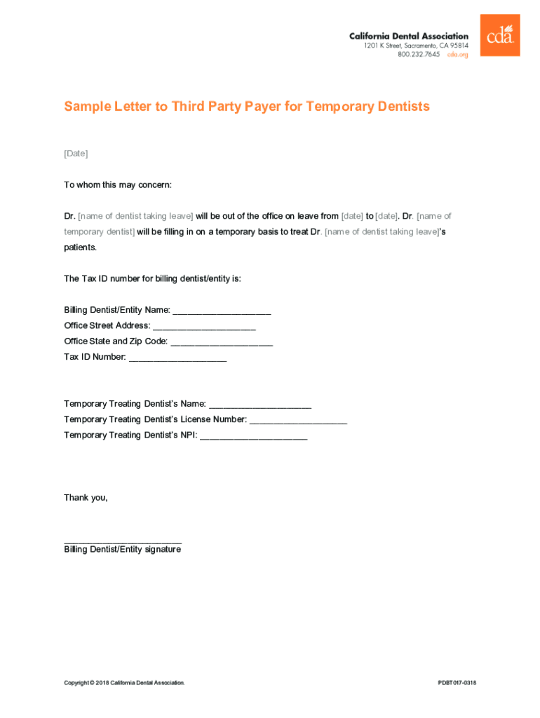 Fillable Online samplelettertothirdpartypayerfortempdentists