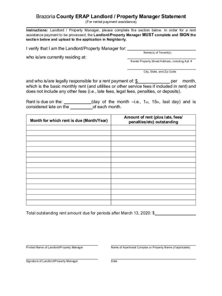 Fillable Online Brazoria County ERAP Landlord / Property Manager