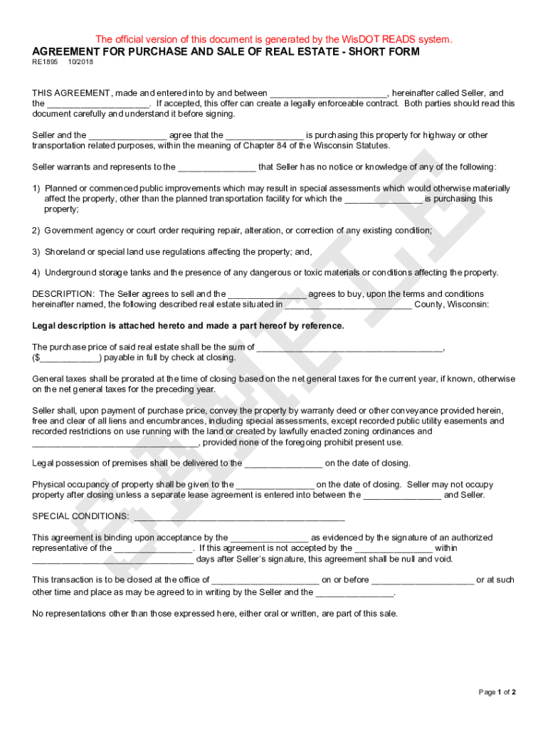 Fillable Online dot wi DT1895 Agreement for Purchase and Sale of Real