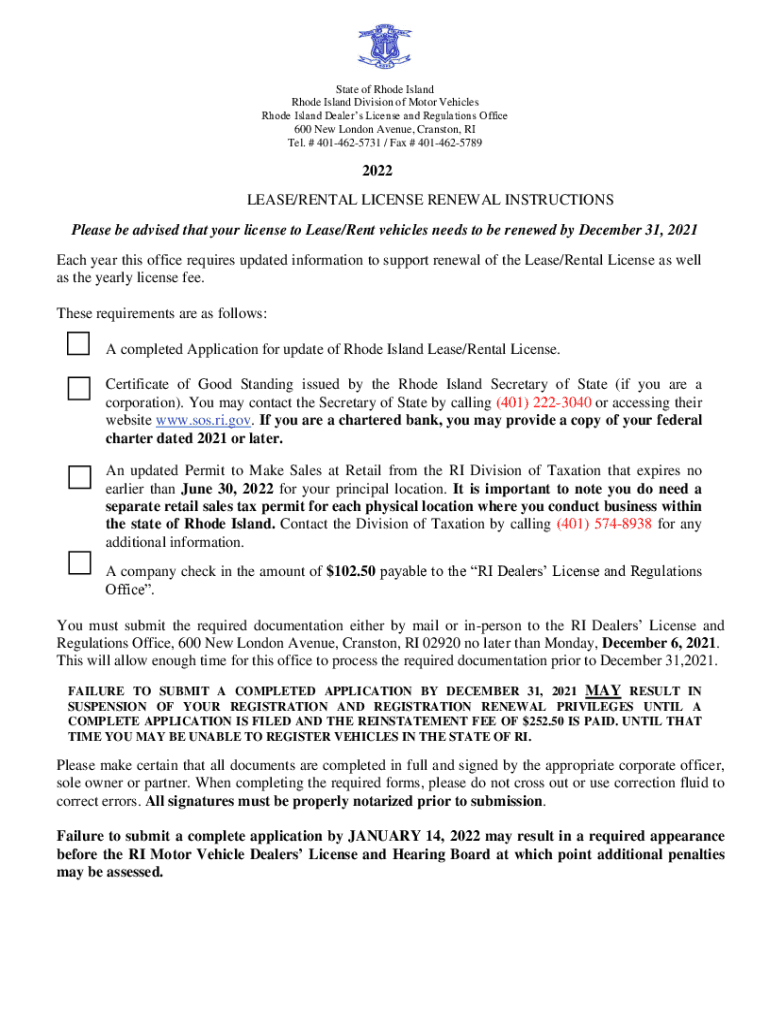 Fillable Online dmv ri 2022 LEASE/RENTAL LICENSE RENEWAL INSTRUCTIONS Fax Email Print