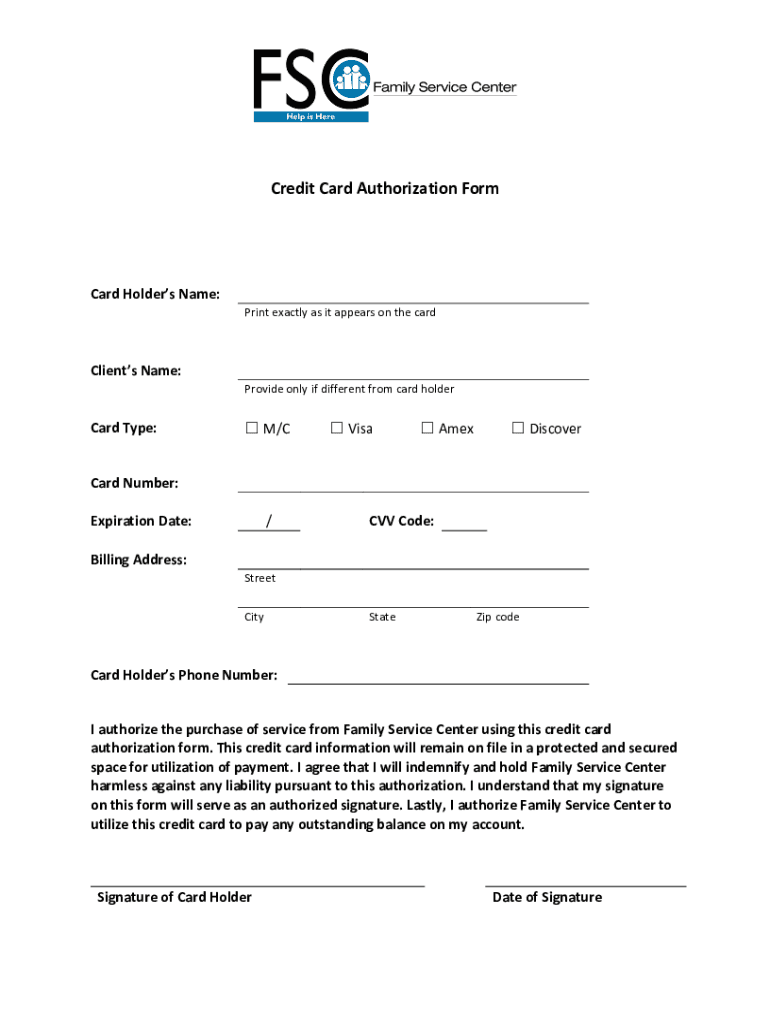 Fillable Online Downloadable printable PDF credit card authorization