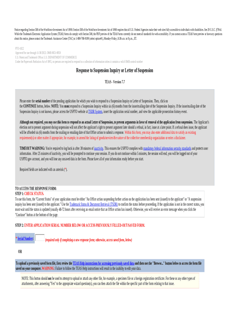 Response to Suspension Inquiry or Letter of uspto.gov Doc Template pdfFiller