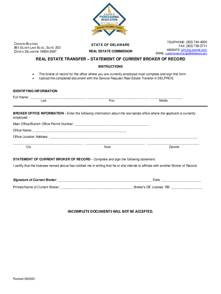 Fillable Online Real Estate Transfer Statement of Current Broker of