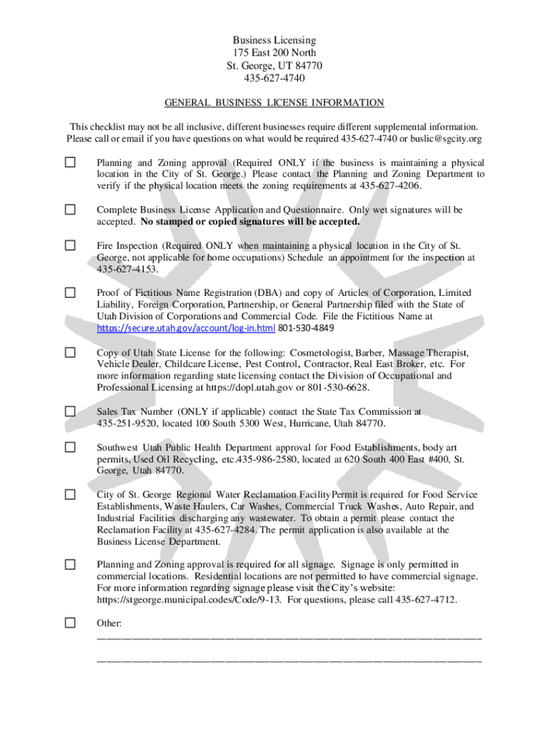 Fillable Online St Business Licensing 175 E 200 N, Saint