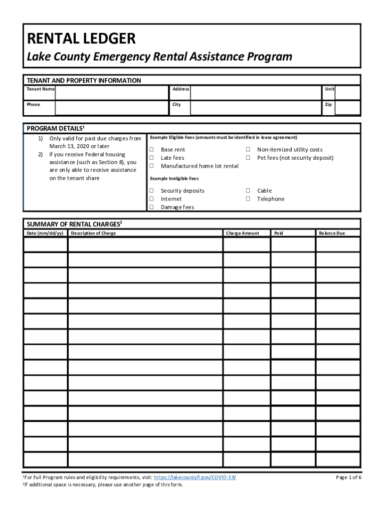 Fillable Online Lake County Emergency Rental Assistance Rental Ledger