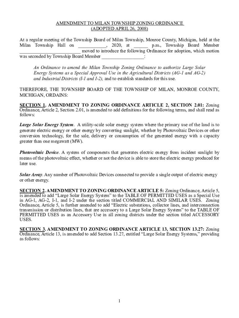 Fillable Online SECTION 1. AMENDMENT TO ZONING ORDINANCE Milan