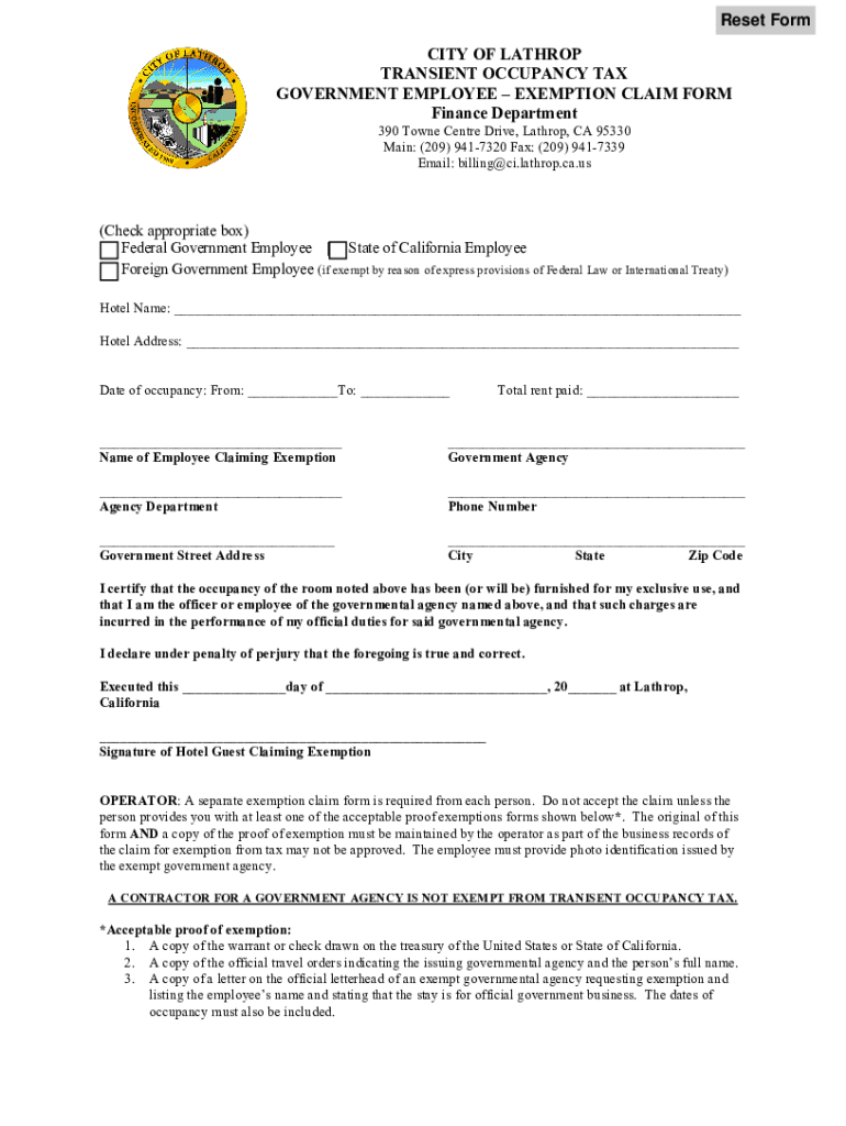 Fillable Online Get the free Transient occupancy tax exemption claim