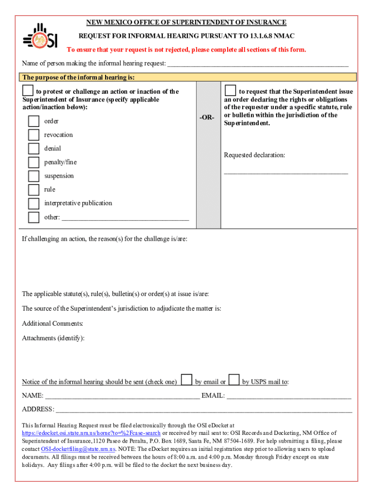 Fillable Online NEW MEXICO OFFICE OF SUPERINTENDENT OF INSURANCE