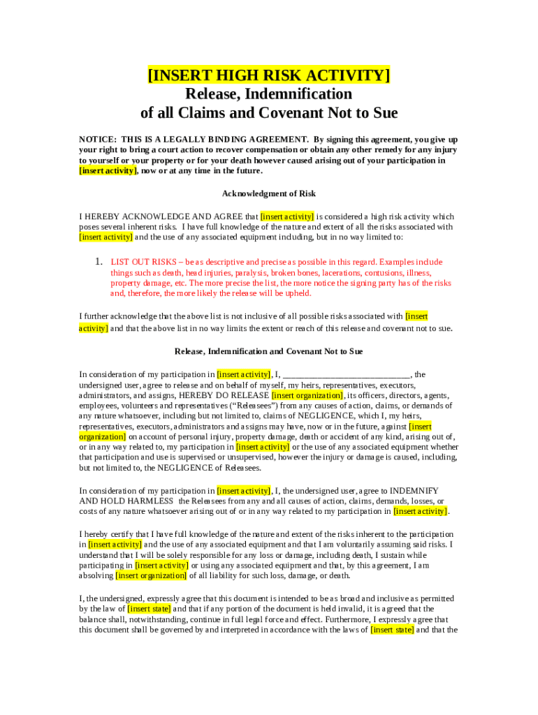Climbing Wall Release/Indemnification. Release & Waiver Doc Template