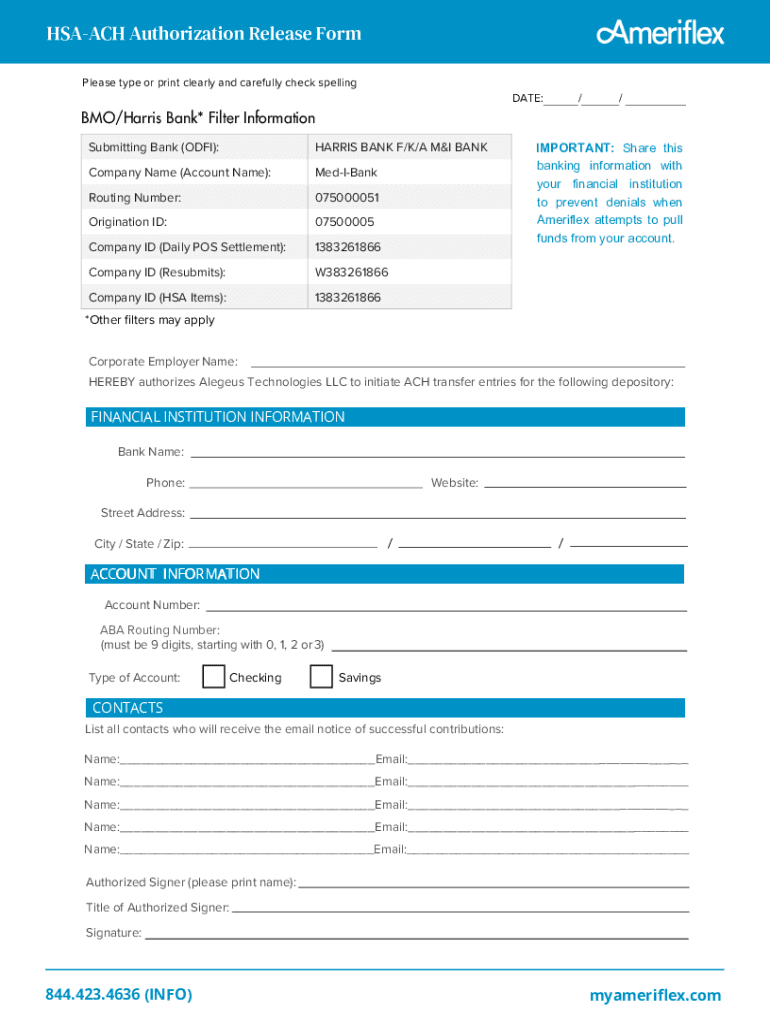 Fillable Online HSA ACH Authorization Form BMO Harris Bank Fax Email