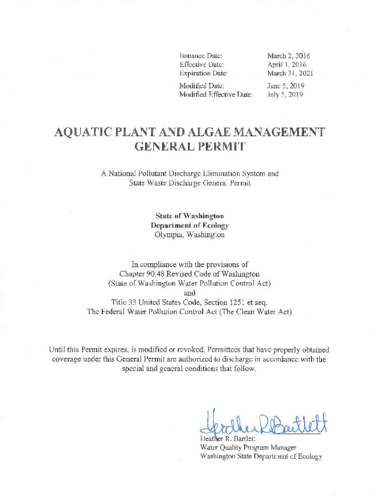 Fillable Online Aquatic Plant and Algae Management General Permit