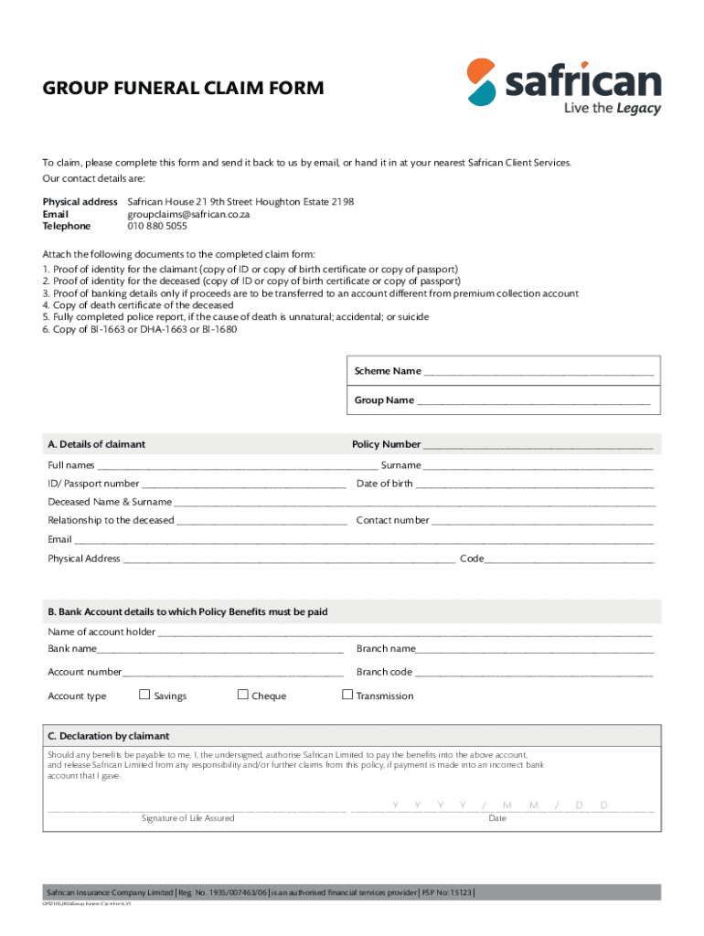 Fillable Online GROUP FUNERAL CLAIM FORM safrican.co.za Fax Email