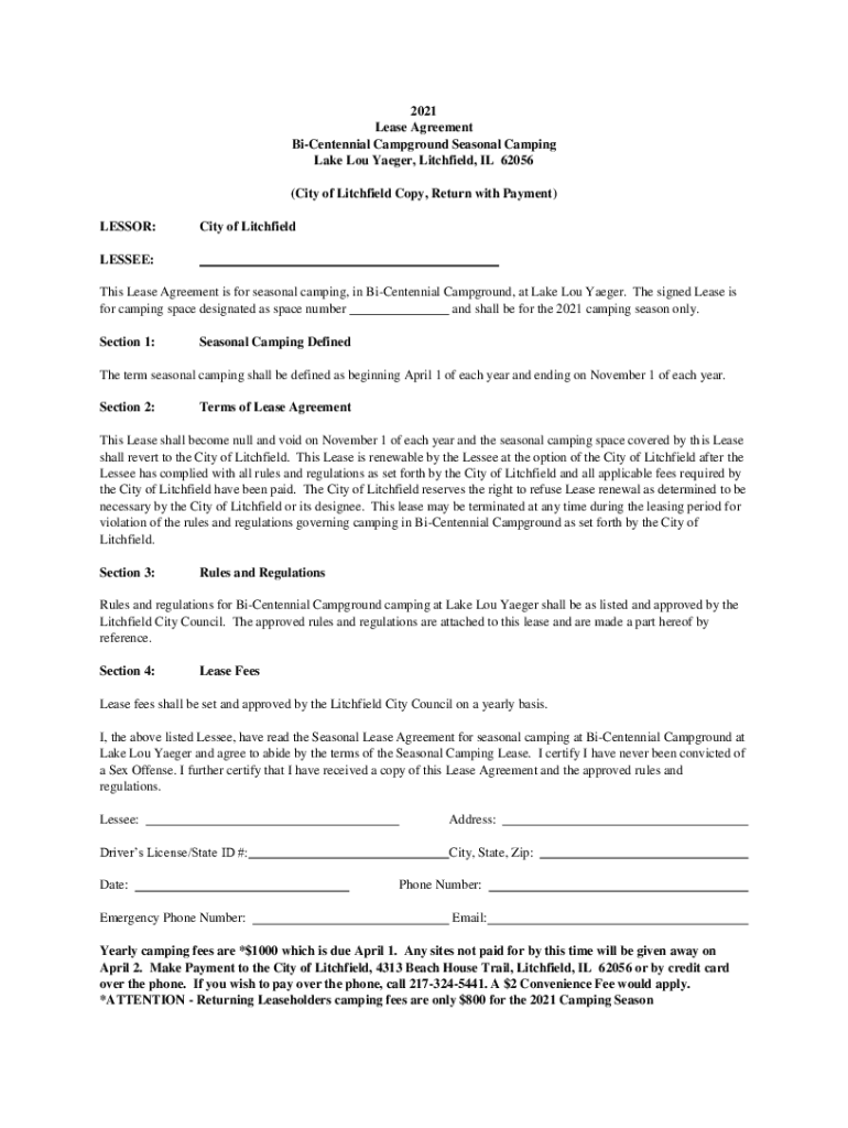 Fillable Online Lease Agreement BiCentennial Campground Seasonal