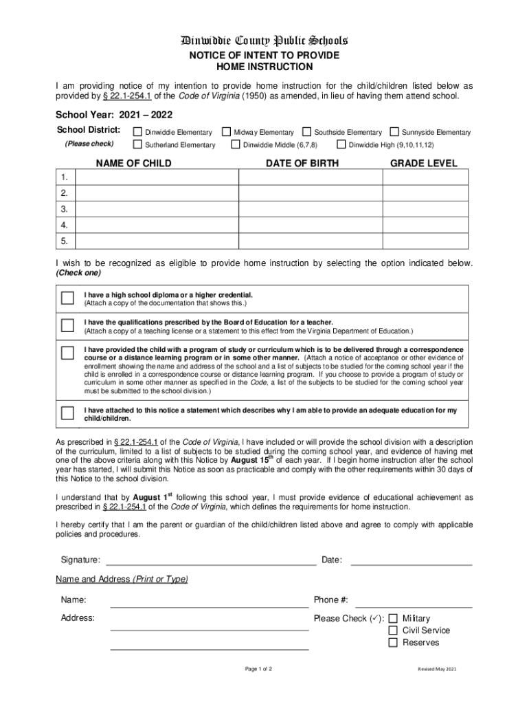 Fillable Online HOMESCHOOL Notice of Intent 2122 Form (Fillable