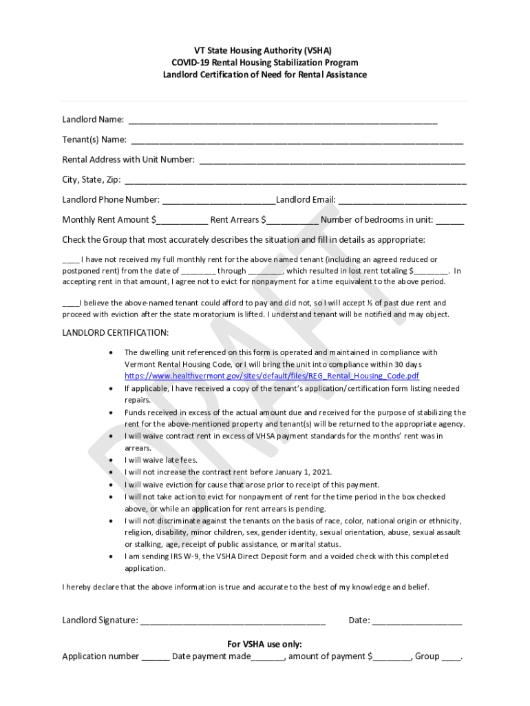 Fillable Online VT State Housing Authority (VSHA) COVID19 Rental