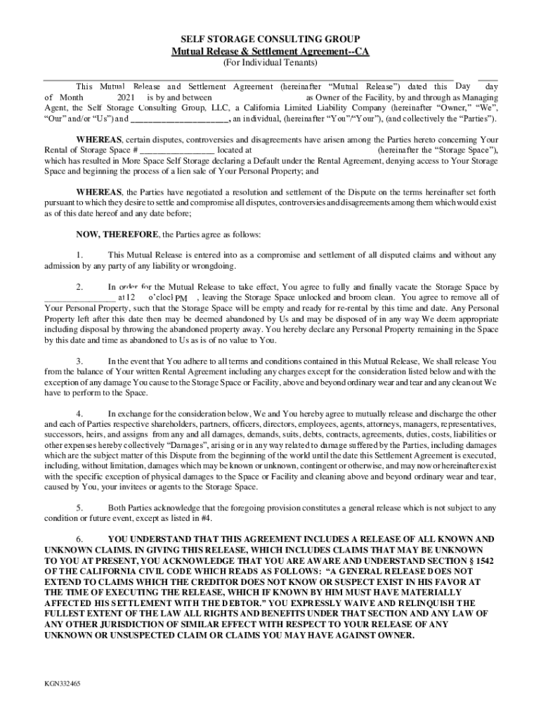 Fillable Online This Mutual Release and Settlement Agreement