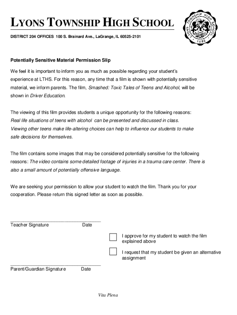 Fillable Online Lyons Township High School North Campus, 100 S Brainard