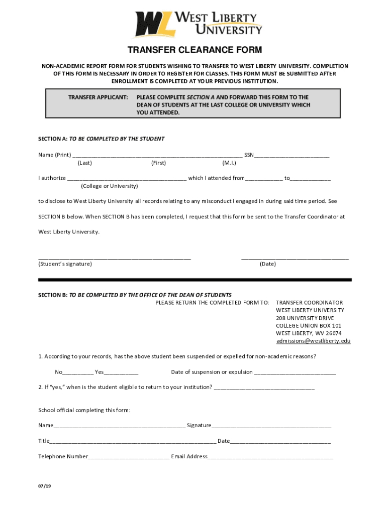 Westliberty transfertransferclearanceformTransfer Clearance Form