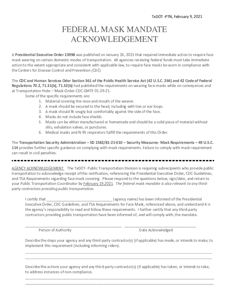 Fillable Online ftp txdot Federal Mask Mandate Acknowledgement. Federal