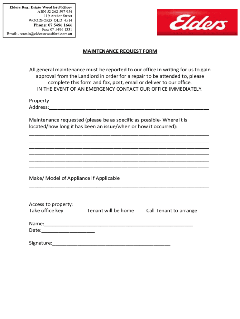 Fillable Online MAINTENANCE REQUEST FORM Elders Real Estate Woodford