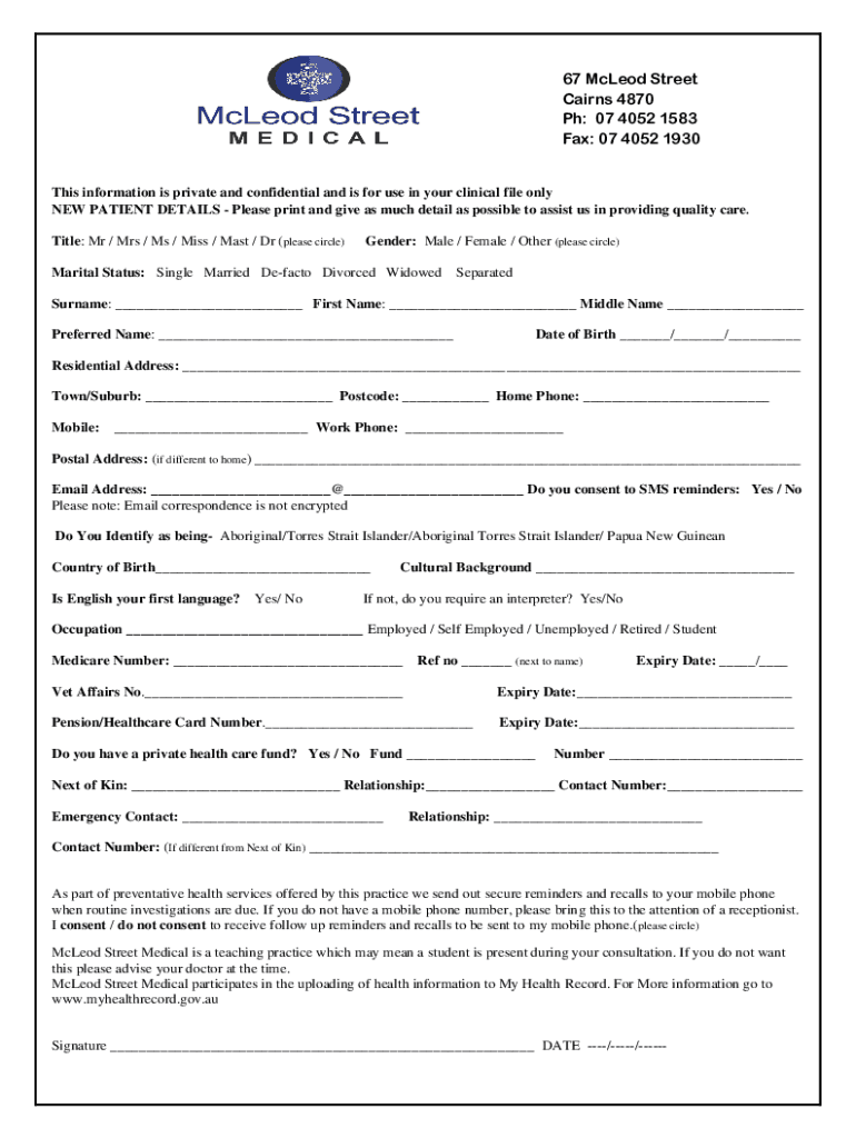 Fillable Online GP Cairns City, McLeod St Medical Centre, 67 Mcleod