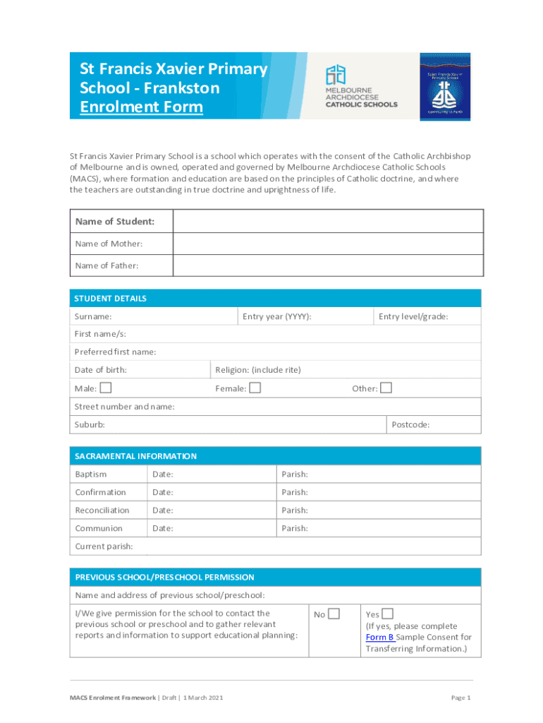 Fillable Online St Francis Xavier Primary School Frankston Enrolment
