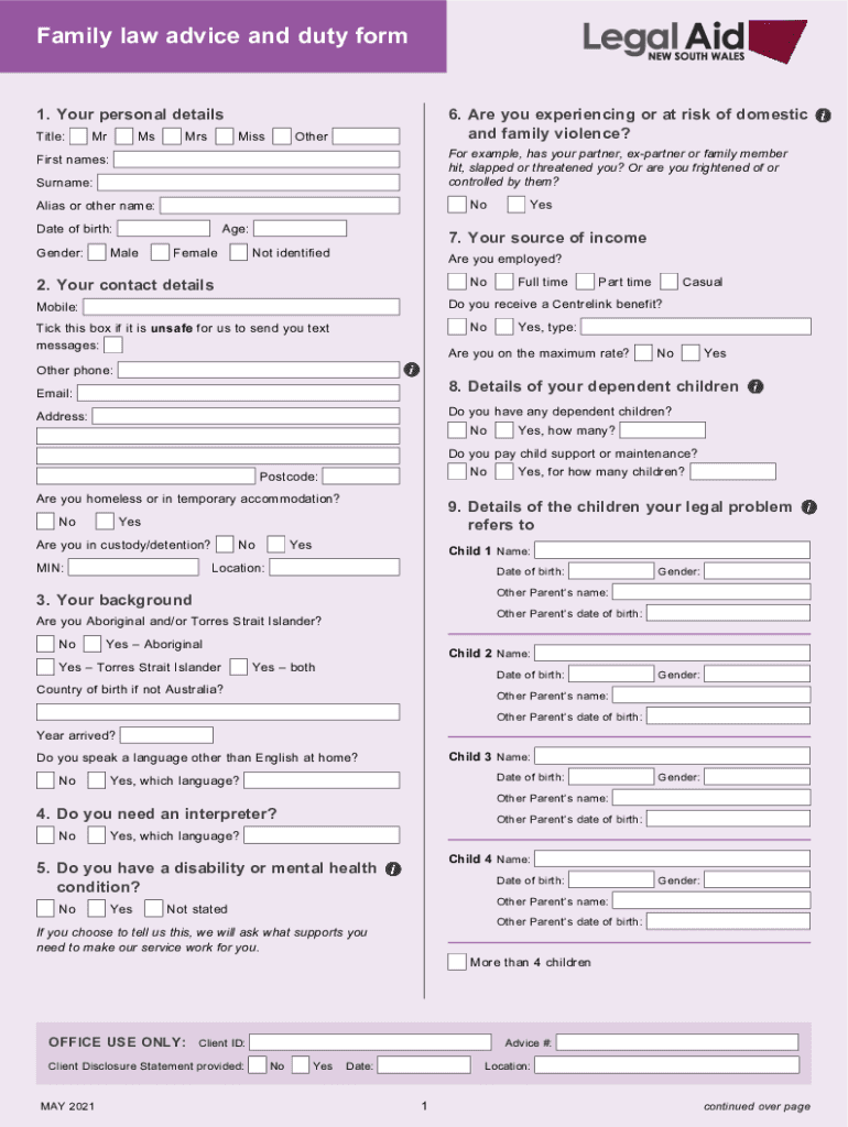 Fillable Online Family law advice and duty form Fax Email Print pdfFiller