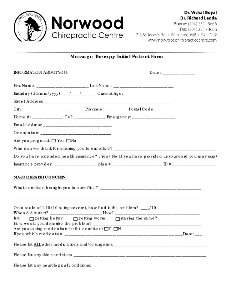 Fillable Online Patient Intake Form West Coast College of Massage