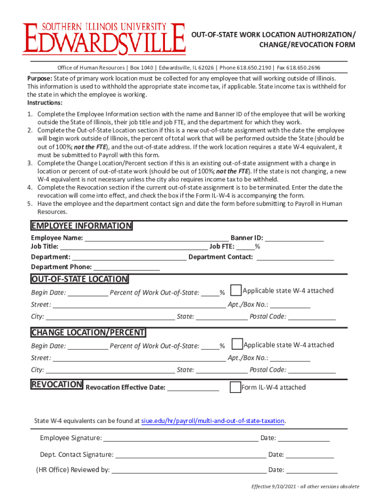 Fillable Online www.siue.edu humanresources pdfOUTOFSTATE WORK